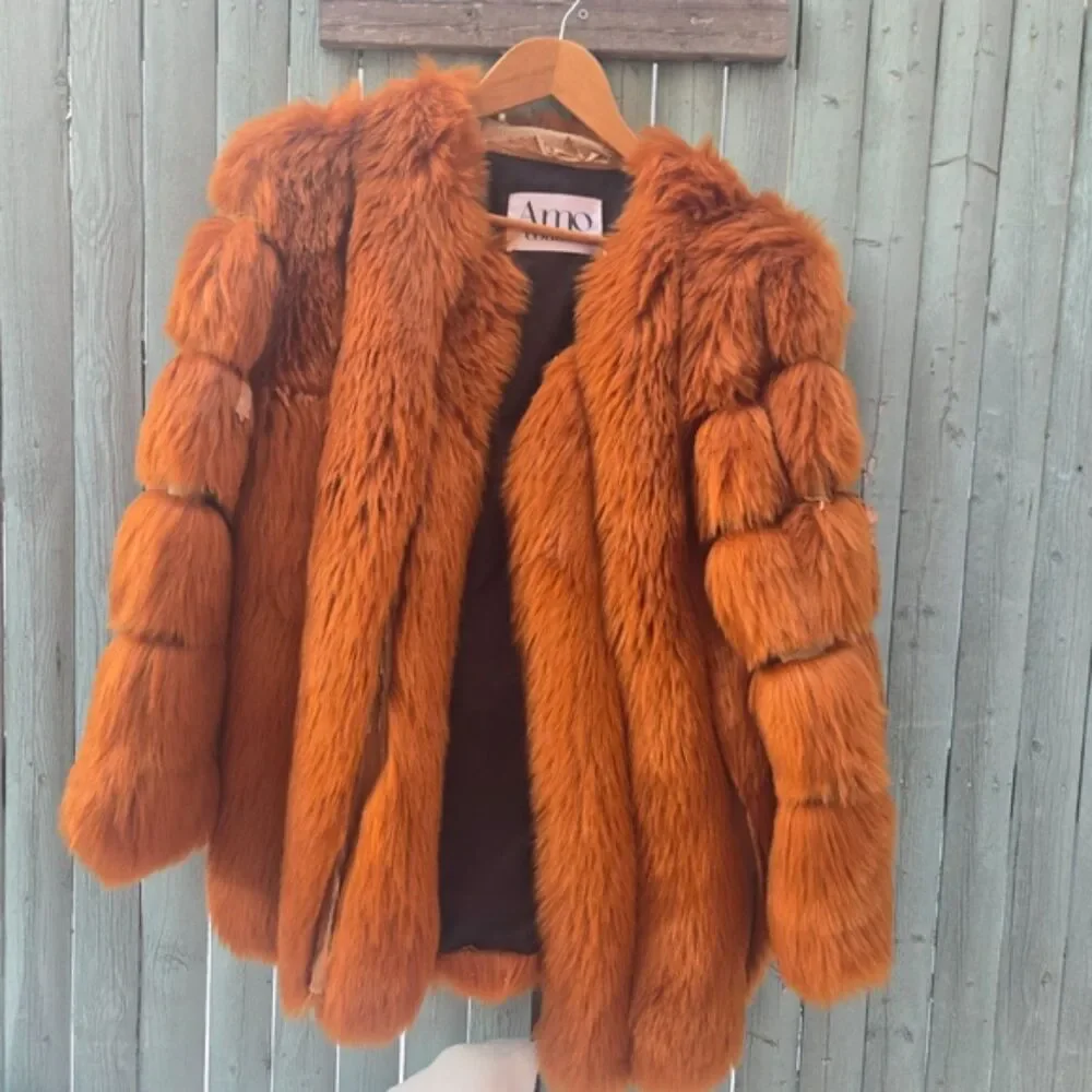 Amo Couture Rust Orange Faux Fur Coat Fits S/M | Statement Jacket Repair Needed - Picture 2 of 9